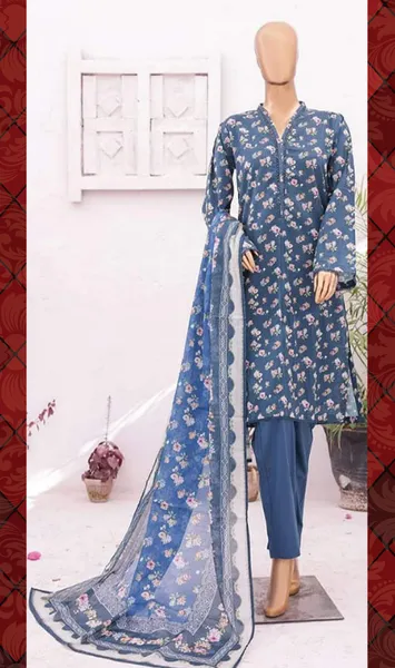 Pakistani Original Bin saeed Stitched Cotton 3pcs_Deep Sea Blue
