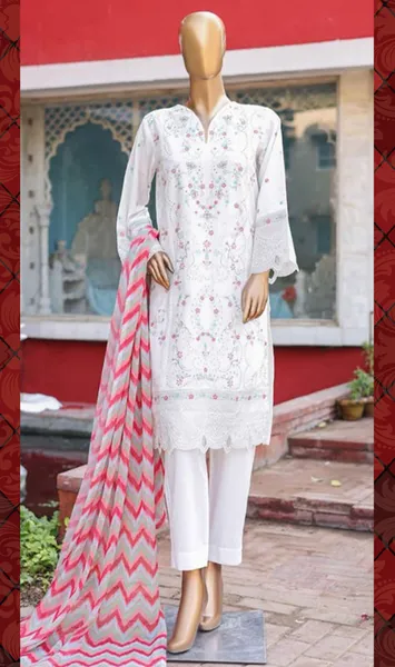 Pakistani Original Bin Saeed Luxury Lawn Embroidered & Chikankari Stitched 3Pcs _ White 