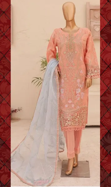 Pakistani Original Bin Saeed Luxury Organza Stitched 3Pcs _ Coral Pink 
