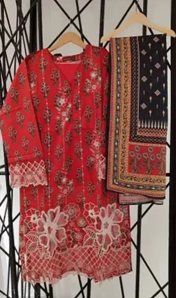Pakistani Original Bin saeed Stitched Cotton 3pcs_Red