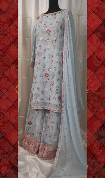 Pakistani Original Boutique Luxury Chiffon Stitched 3 Pcs _ Powder Blue 