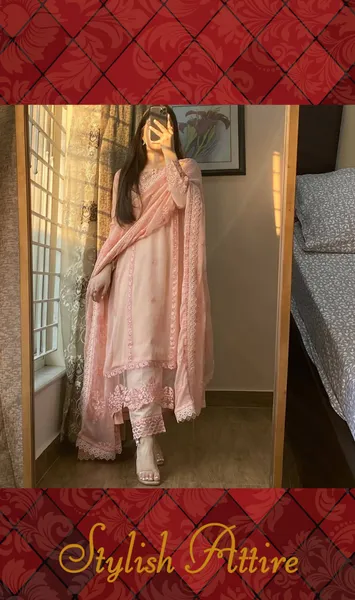 Pakistani boutique Femenite Luxury Chiffon Stitched 3Pcs _ Peachy Pink 