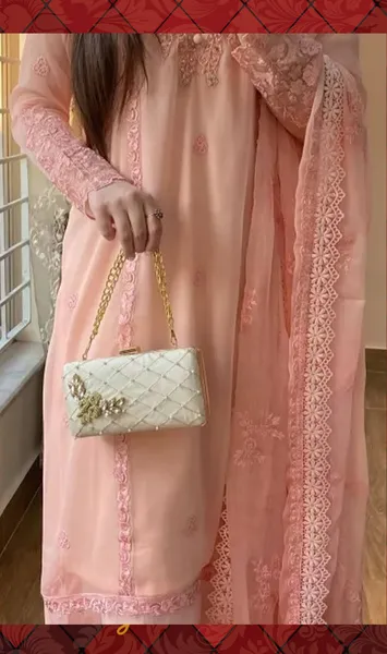 Pakistani boutique Femenite Luxury Chiffon Stitched 3Pcs _ Peachy Pink 