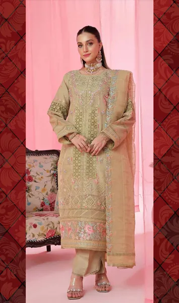 Pakistani Original Guzel Luxury Formal Organza Stitched 3Pcs _ Golden Beige 