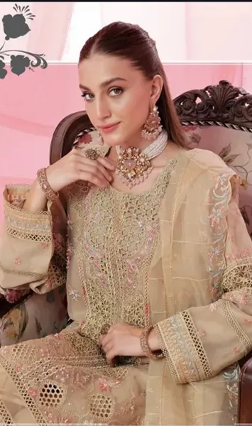 Pakistani Original Guzel Luxury Formal Organza Stitched 3Pcs _ Golden Beige 