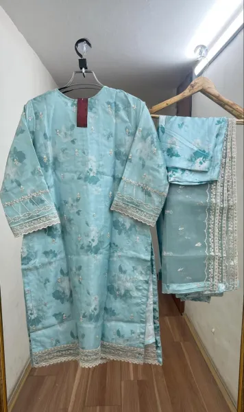 Pakistani Original Schick Dr. Haris Luxury Organza Stitched 3Pcs _ Aqua 