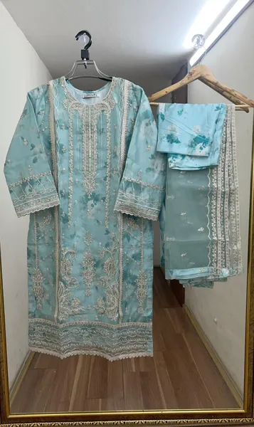 Pakistani Original Schick Dr. Haris Luxury Organza Stitched 3Pcs _ Aqua 