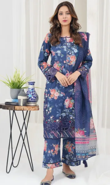 Pakistani Hayat's Stitched Cotton 3pcs_Navy Blue