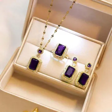 4 Pcs  Purple Crystal Earrings Ring Necklace Set