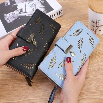 Ladies PU Leather Leaf Design Zipper Lock Wallet 