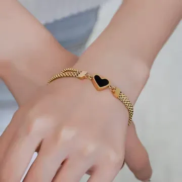 Romantic Three Layer Chains Black White Heart Bracelet
