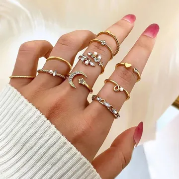 Crystal Leaf Flower Moon Star Pearl Knuckle Ring Set (10 pcs)