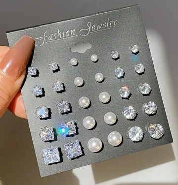 Elegant Round Zircon Stud Earring Set (15 Pairs)