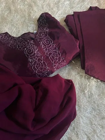 Luxury Russian Silk Pakistani Stitched Farshi Salwar 3 Pcs _ Deep Purple 