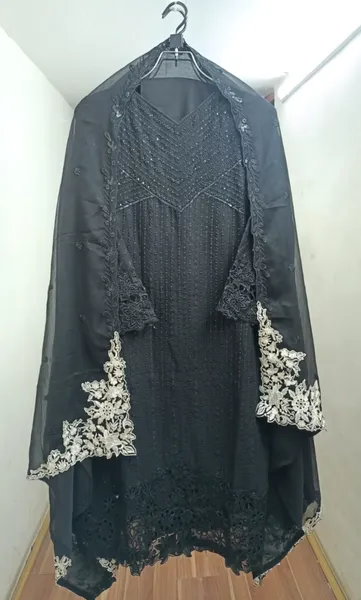 Pakistani Orginal Rangoon Chiffon Stitched 3 Pcs _ Black 