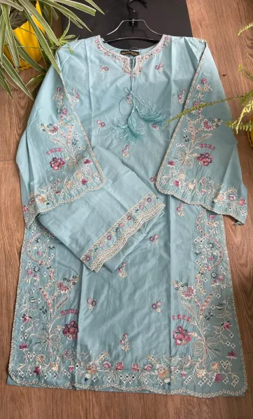 Original Pakistani Hayat’s Cotton Embroidered Stitched Coord Set_Sky Blue