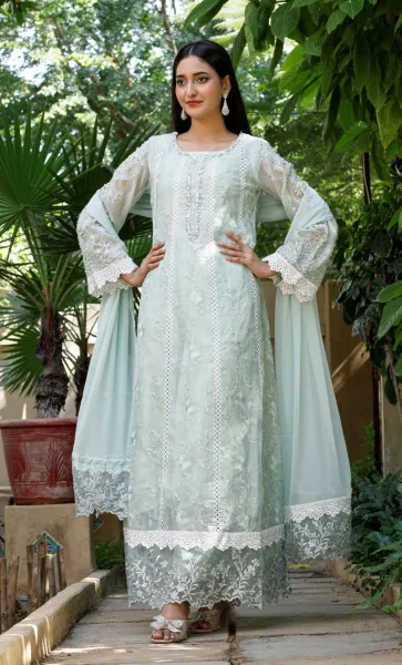 Pakistani Original Mona Embroidery Cotton-Net Stitched Gown 3 Pcs _ Mint 