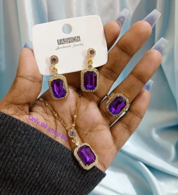 4 Pcs  Purple Crystal Earrings Ring Necklace Set