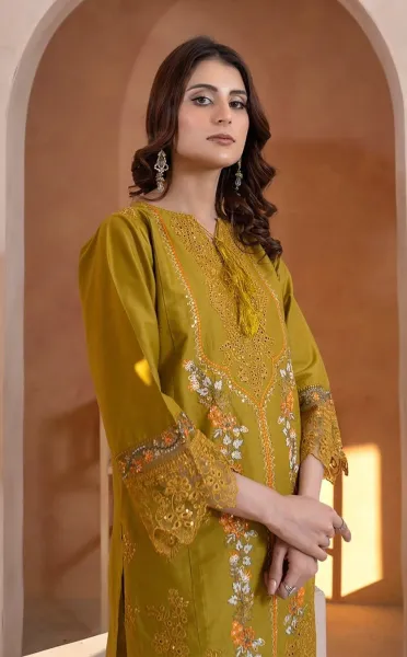 Pakistani Original Rangoon Cotton Stitched 3 Pcs _ Olive Mustard 