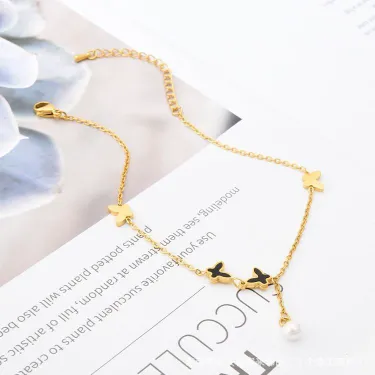 Black Butterfly Stainless Steel Pearl Tassel Payel Anklet 