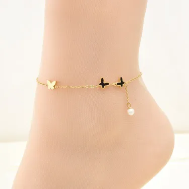 Black Butterfly Stainless Steel Pearl Tassel Payel Anklet 