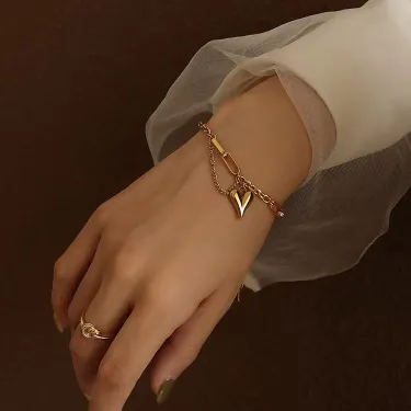 Stainless Steel Link Chain Heart Bracelet 