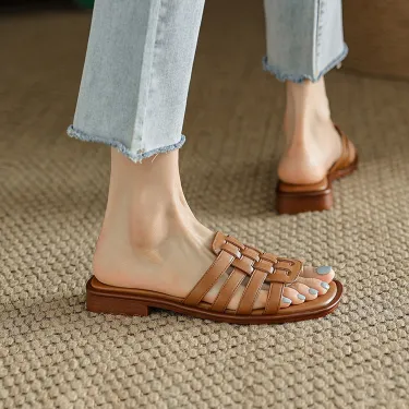 RETRO  OUTDOOR FLAT-BOTTOMED ULTRA-FINE SOFT LEATHER SLIPPERS GB-0223