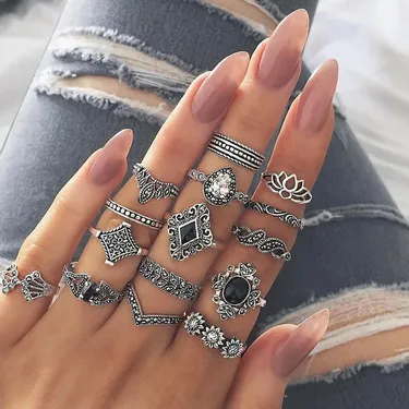 Black Stone Trendy Finger Ring Set (15 pcs)