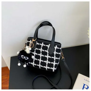 Woolen Plaid Pattern Shoulder Crossbody Bucket Bag