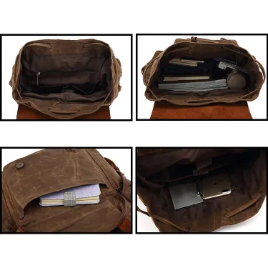 Retro Waxed Canvas Backpack for Men – Travel & Laptop Bag with Crazy Horse Leather