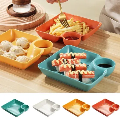 Square Dumpling Plates With Catchup Holder (4 Pcs)