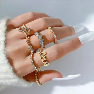 Vintage Boho Heart Rhinestone Knuckle Ring Set (7 pcs)