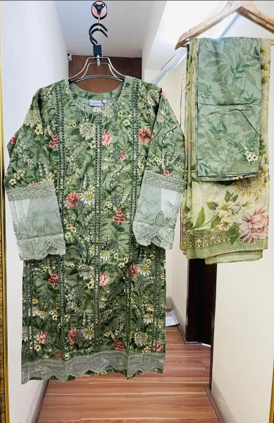 Original Pakistani Polawn Embroidered Stitched Lawn 3 Pcs _ Green 
