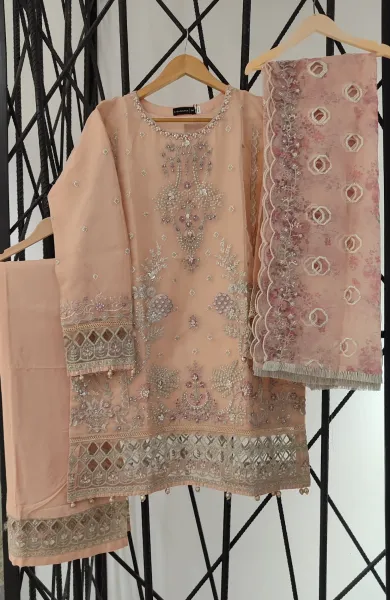 Pakistani Original Sadabahar Luxury Organza Stitched 3 Pcs _ Peach 