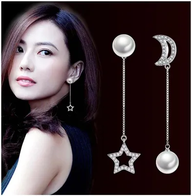 Moon and Star Pearl Stone Design Drop Earring