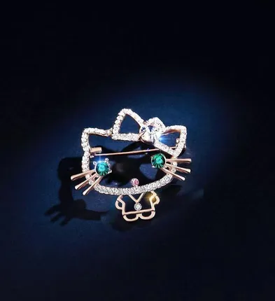 Green Crystal Rhinestone Kitty Cartoon Brooch