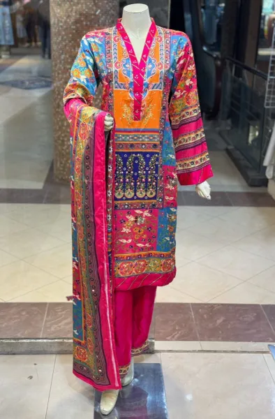 Pakistani Original Rangoon Stitched Silk 3 Pcs _ Blue & Multi 