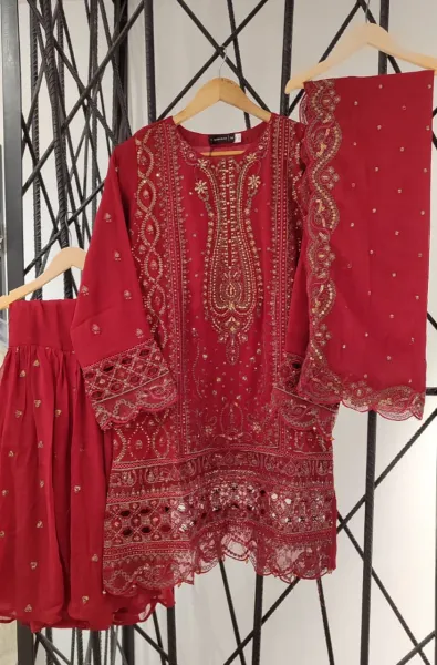 Pakistani Original Sadabahar Luxury Chiffon Stitched 3 Pcs _ Maroon 
