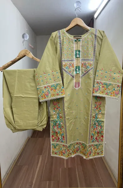 Pakistani Hayat's Stitched Cotton 2pcs _ Ligth Olive Green 