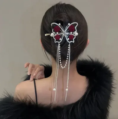 Elegant Red Rose Butterfly Tassel Hair Grip Clip