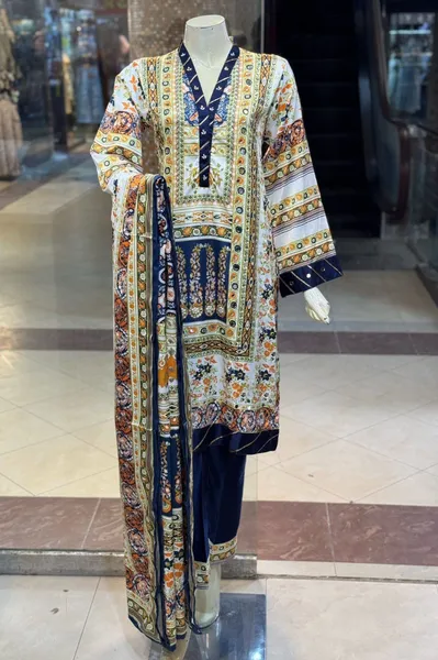 Pakistani Original Rangoon Stitched Silk 3 Pcs _ Navy Blue & Multi 