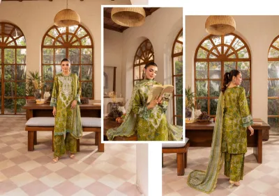 Original Pakistani Polawn Embroidered Stitched Lawn 3 Pcs _  Olive 