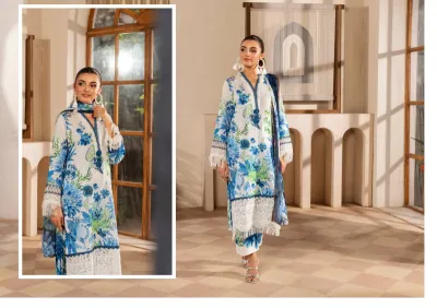 Original Pakistani Polawn Embroidered Stitched Lawn 3 Pcs _ Off White & Blue 