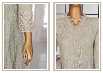 Pakistani Original Sadabahar Luxury Cotton-Net Gown Stitched 3 Pcs _ Mint 