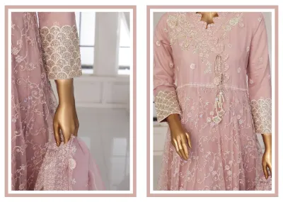 Pakistani Original Sadabahar Luxury Cotton-Net Gown Stitched 3 Pcs _ Pink 