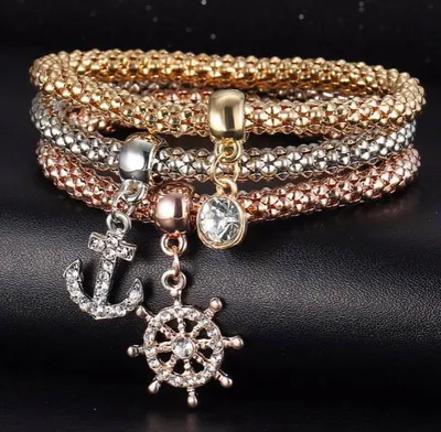 Shiny Multilayer Gold Silver and Bronze Bracelet Set 3 Piece