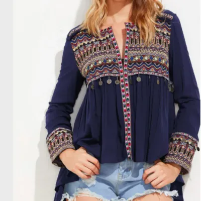 SHEIN Tribal Embroidered Dip Hem Smock Top (M)