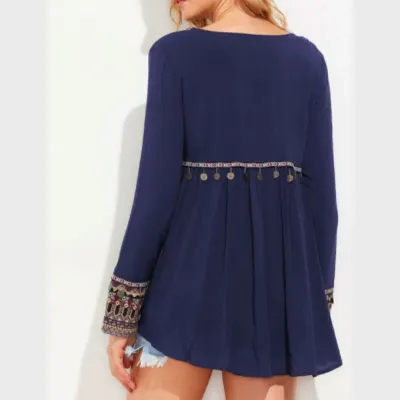 SHEIN Tribal Embroidered Dip Hem Smock Top (M)