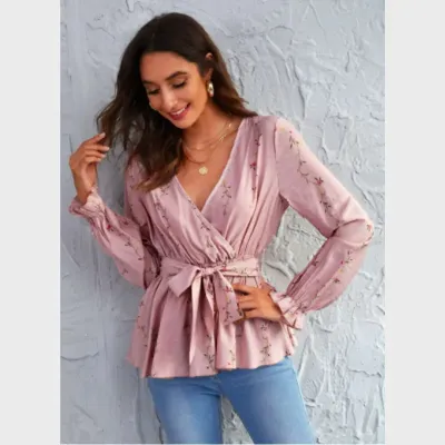 SHEIN Embroidered Flower Belted Peplum Top (M)