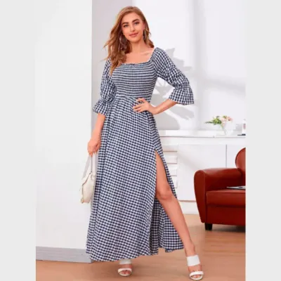 SHEIN Flounce Sleeve Shirred Bodice Split Thigh Gingham Dress (M)